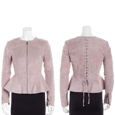 Intermix Sofie Pink Blush Suede Lace Up Peplum Fitted Zip Front Jacket Coat XS P