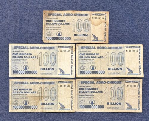 Zimbabwe 5 x 100 Billion Dollars AGRO 2008 - Pick- 64 5 Pcs - Foto 1 di 2