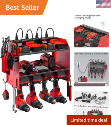 Dual-Tier Power Tool Rack with Surge Protection Power Strip & Hooks for Garage