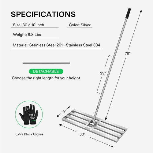 VIVOSUN 30x10" Lawn Leveling Rake for Garden Yard with 78" Steel Extended Handle - Picture 3 of 6