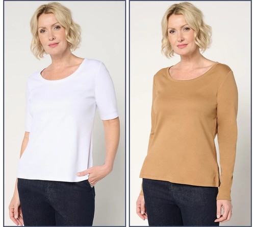 Isaac Mizrahi Live! Essentials 2er Set Oberteile aus Pimabaumwolle - Weiß/Toffee - 2X A674052