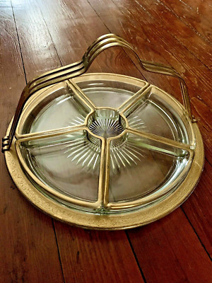 Vintage Hollywood Regency Glass Relish Tray Divided Serving Set Brass Handle
