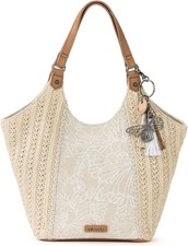 Sakroots Roma Straw Small Shopper, White Flower Blossom 