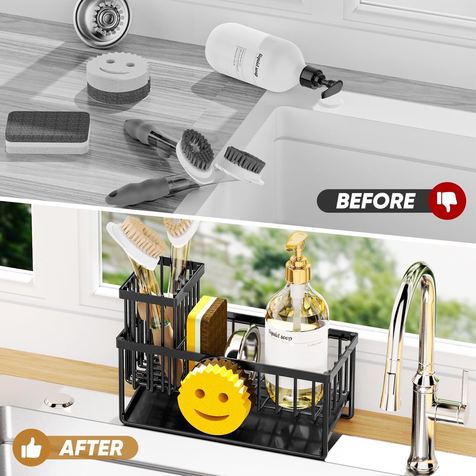 Smiley Face Kitchen Sink Sponge Holder Caddy with Removable Brush, Self-Draining — image 6