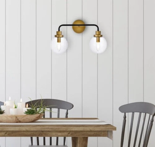 Living District Hanson 2-Light Metal Bath Sconce w/Clear Shade in Black/Brass - Picture 2 of 6