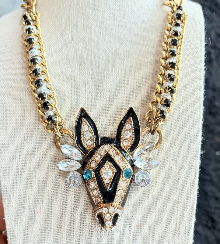 Betsey Johnson Zebra  Necklace Black Enamel Rhinestone Gold Tone Statement