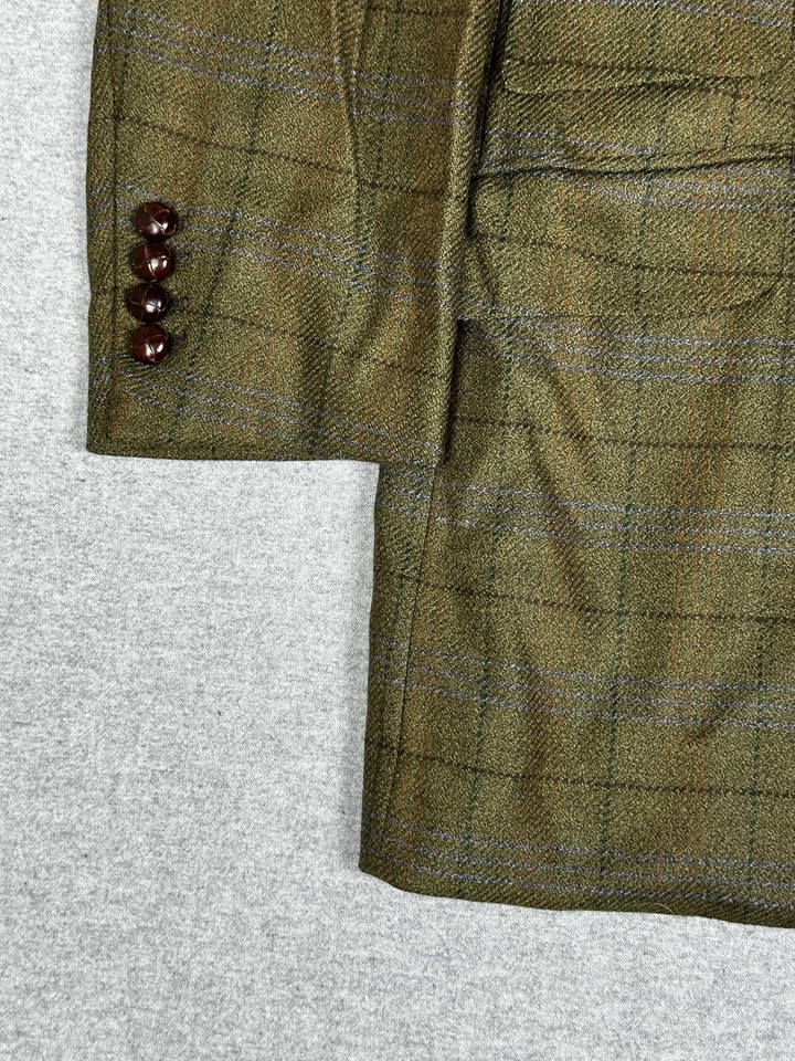 Vtg Oxxford Clothes Blazer 43L Olive Wool Tweed Windowpane Surgeon Made USA Y2K - Image 2 of 4