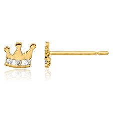 14K Solid Yellow Gold CZ Royal Princess Crown Stud Earrings
