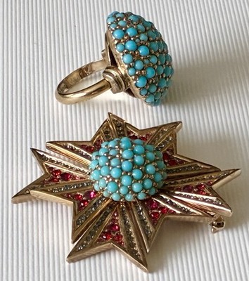Vintage Designer CINER Turquoise Cab Red Orange Green Rhinestone Pin & Ring Set
