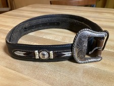 Vintage Western Silver Engraved Buckle Tony Lama Leather Belt Native Concho 36