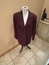 Valerie Stevens Women s Wool Blazer Jacket Burgundy Patterned Collar Cuffs