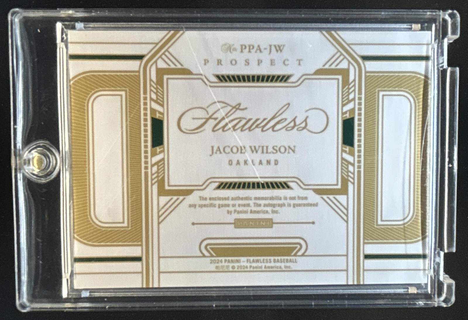 2024 Panini Flawless Jacob Wilson Prospect Patch Auto Autograph Emerald #/5 A's view 2