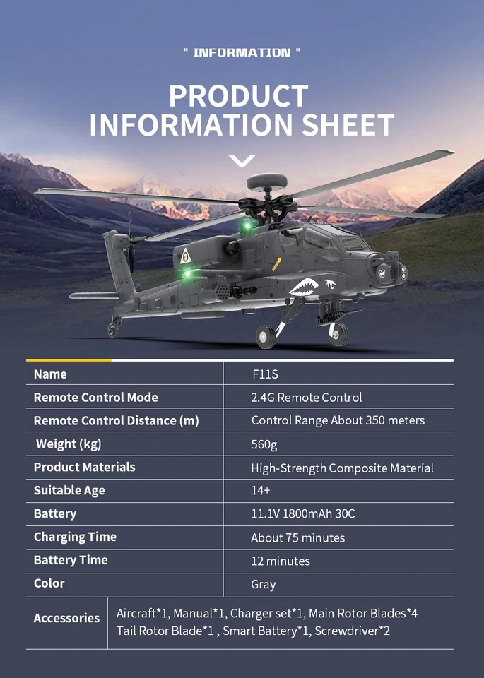 YXZNRC F11S Helicopter Apache GPS 2.4G 6-Axis Gyro 9CH Flybarless 3D 2 Battery - Image 4 of 4