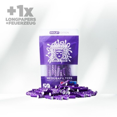 50er MEDUSA VIOLET Aktivkohlefilter Filter Tip Ø 6mm + 1x Papers + Feuerzeug
