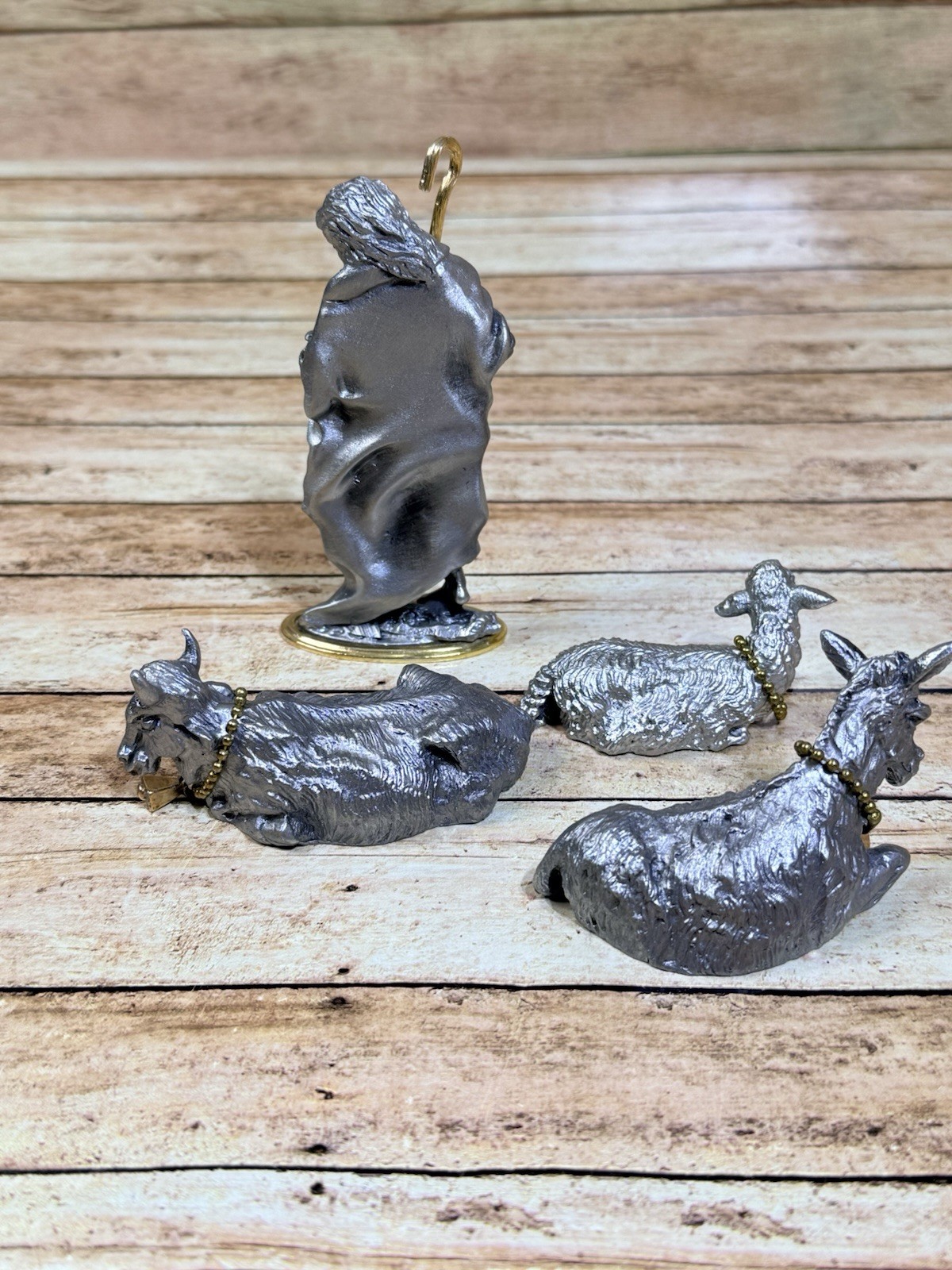 Cathedral Art Pewter Gold Gilt Doug Corsini Shepherd Donkey Sheep Ox Nativity