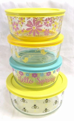 PYREX Hello Spring/Bee Happy Glass Storage Bowl Set/4 Round w/Lids Unused RARE