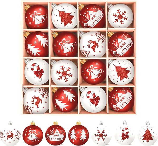Weihnachtskugeln Kunststoff 16PC Rot Weiß Christbaumschmuck Deko Weihnachten-image