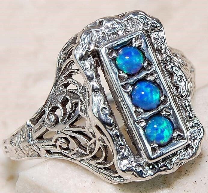 1CT  Blue Fire Opal 925 Genuine Sterling Silver Ring Sz 7 FX-2