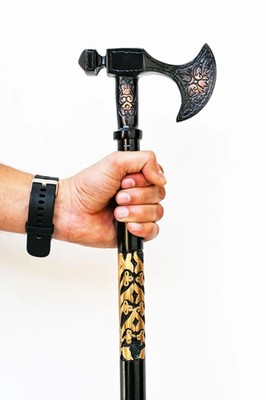 Vintage Axe Handle Walking Cane Engraved Black Gold Gentleman Walking Stick Wood