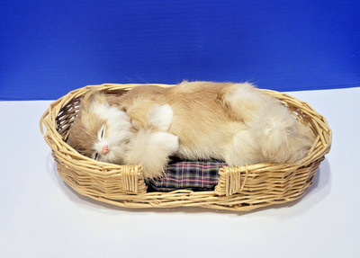 Vintage Realistic Furry Sleeping Cat in Basket