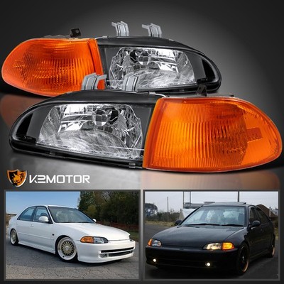 Fits 1992-1995 Honda Civic EG EH EJ 4Dr Sedan Black Headlights+
