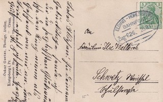 Railway Post ELBING HOHENSTEIN Line in East Prussia on Postcard. to Schwetz