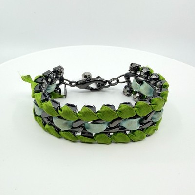 Vintage Gunmetal Green Ribbon Woven Bracelet Rhinestone Statement Mixed Media