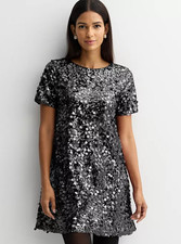 Nine West Black Sequin Shift Dress Short Sleeve Bow Back Cocktail Party Mini S