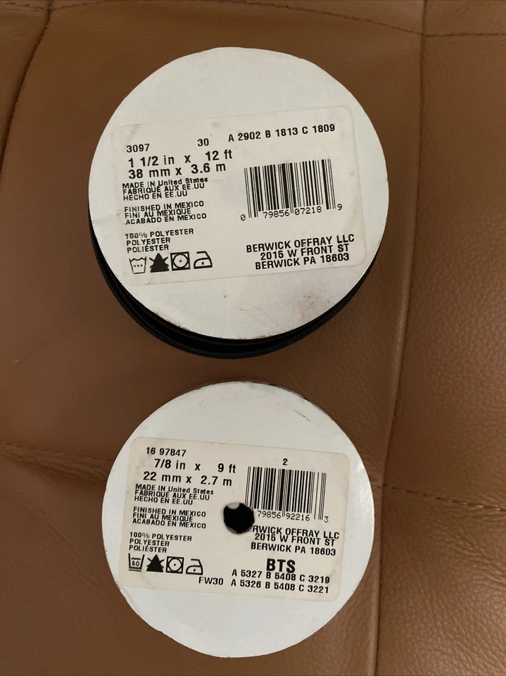 Offray Spool (2) Ribbon 1.5”x12’ yd Black 7/8”x9’ Baseball Polyester Woven - Image 3 of 3