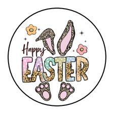 30 HAPPY EASTER BUNNY ENVELOPE SEALS STICKERS LABELS TAGS 1.5" ROUND FLOWERS