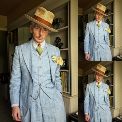Sky Blue Men's Suits Linen Vintage Wide Peak Lapel Blazer 3Pcs Summer Jacket