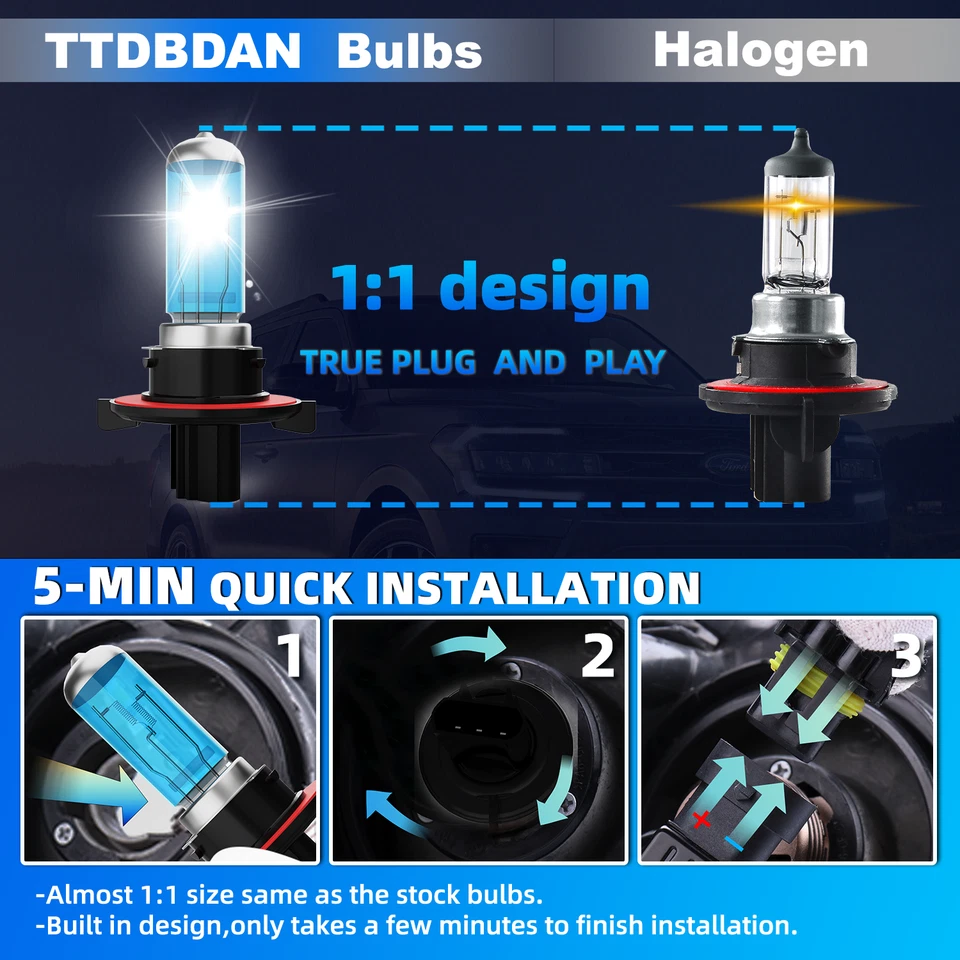 H13/9008 Halogen Headlight Super Bright Bulbs Kit White 6000K High/Low Beam 2PCS - Image 4 of 4