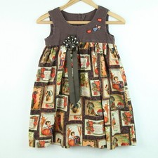 Vintage Girls Dress 5 6  Handmade 90s Thanksgiving Novelty Print Cottagecore