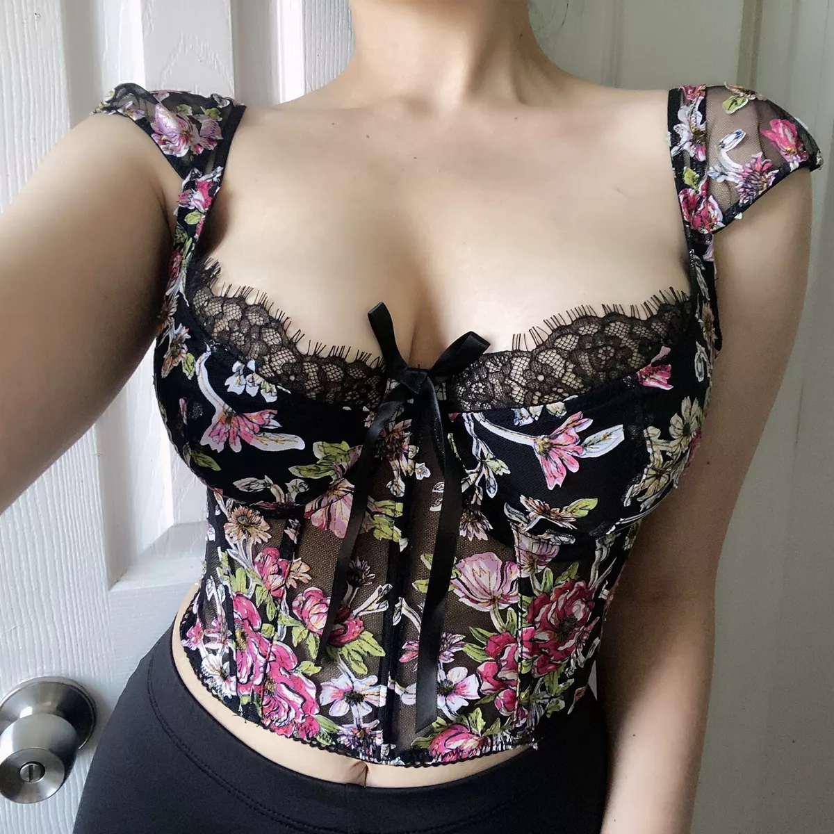 🌸 Victoria's Secret Dream Angels Black Floral Unlined Bra Top Bustier In  34DD