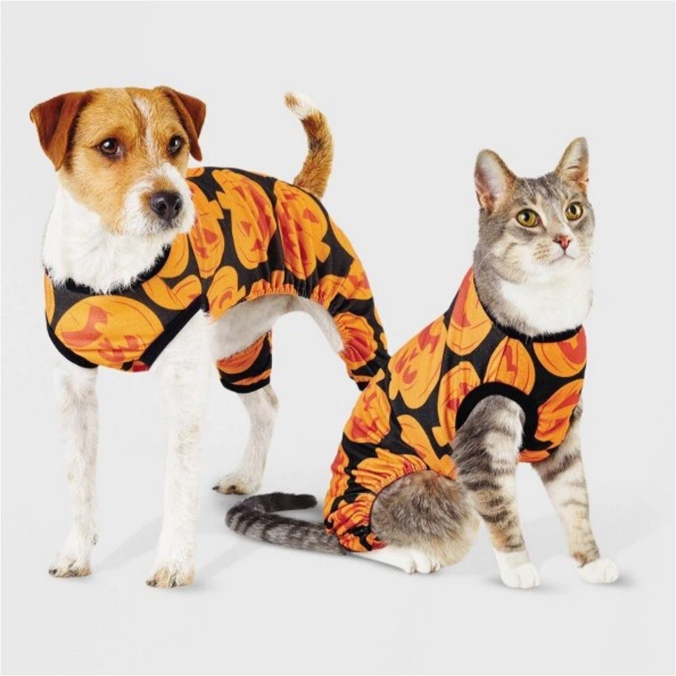 Halloween Pumpkin Print DOG CAT PAJAMAS Costume Orange Black SMALL Up To 20lbs