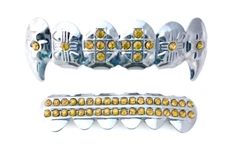 Custom Fit Silver Mouth Teeth Grillz Top Bottom Set Cross Iced Yellow CZ Fangs