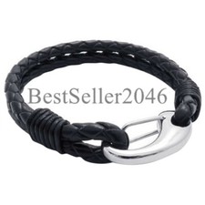 Mens Women Black Braided Leather Bracelet with Stainless Steel Clasp Bangle 8"