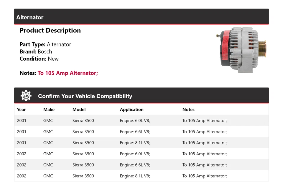 Alternador Bosch GMC Sierra 3500 2001-2002 (nuevo) Foto 2 de 4