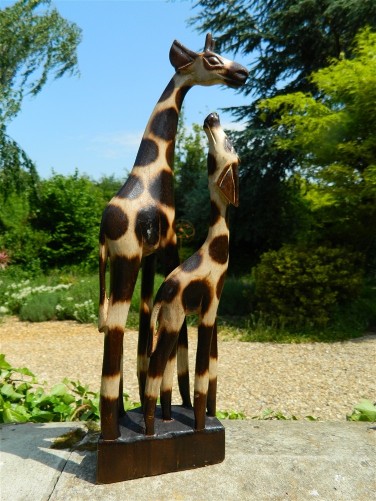 Wooden Giraffe Carving - Mother and Baby Family Giraffes 50cm
