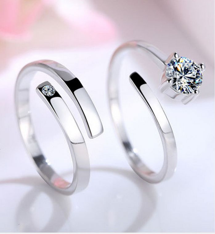 Paire De Bagues Couple En Zirconium Cubique Réglables - Argent Plaqué 925 - Style Pavé