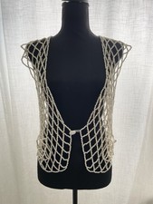 Vintage Beaded Crochet Style Vest Women OS Ivory Gold Boho Festival Mesh 80s