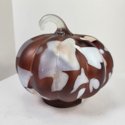 Harvest Decor Blown Glass Pumpkin 6'' Clear Stem Brown White Cheena Pattern India
