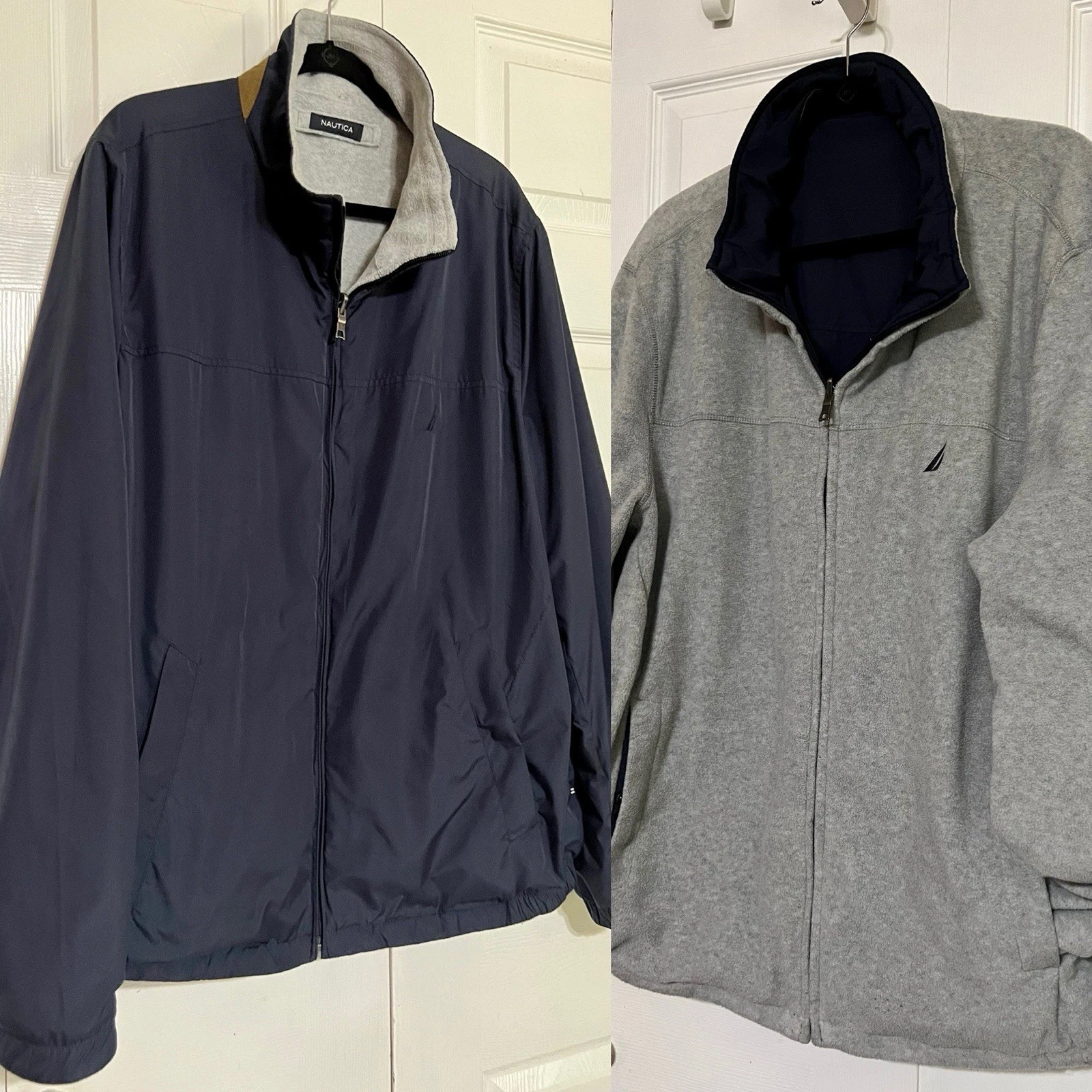 Nautica Men’s XL Reversible Jacket Navy Gray Fleece Water Resistant Zip Front