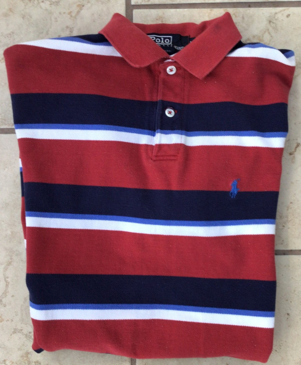 Vintage RALPH LAUREN POLO SHIRT RED WHITE BLUE STRIPES Short Sleeve Men’s Size M