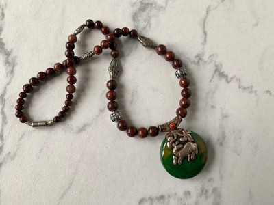 Agate Amulet, Tibetan Silver animal design Red Jasper Beads 23'' Necklace16