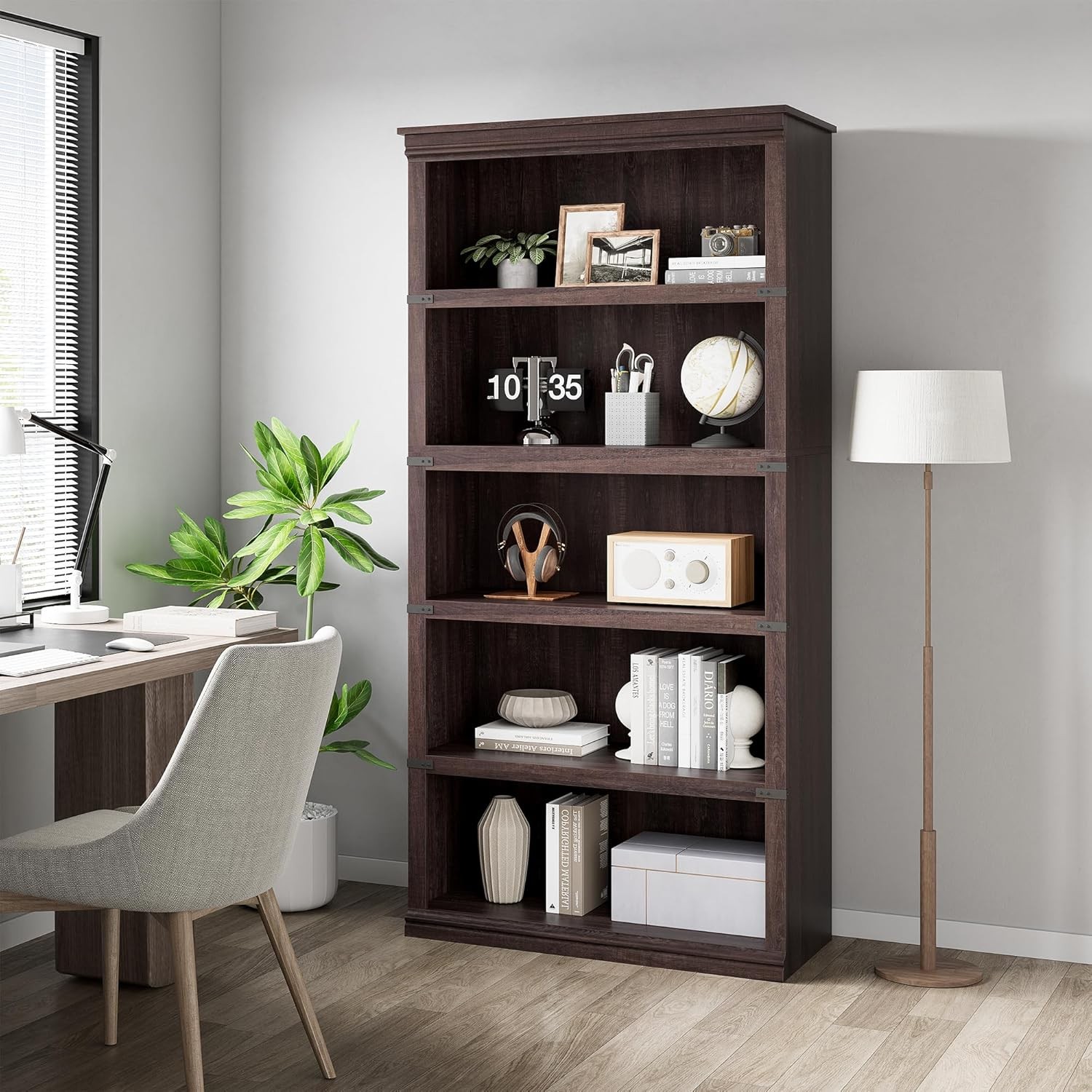 Industrial 5 Shelf Wood Bookcase Bookshelf Storage Display R