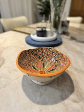 Hand-Painted Clay Bowl – Moroccan Style – Orange Geometric Pattern