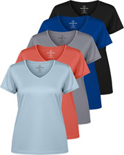 5 Pack: Women'S Dry Fit Short Sleeve V Neck Workout Top - Fitness Gym Athletic Y