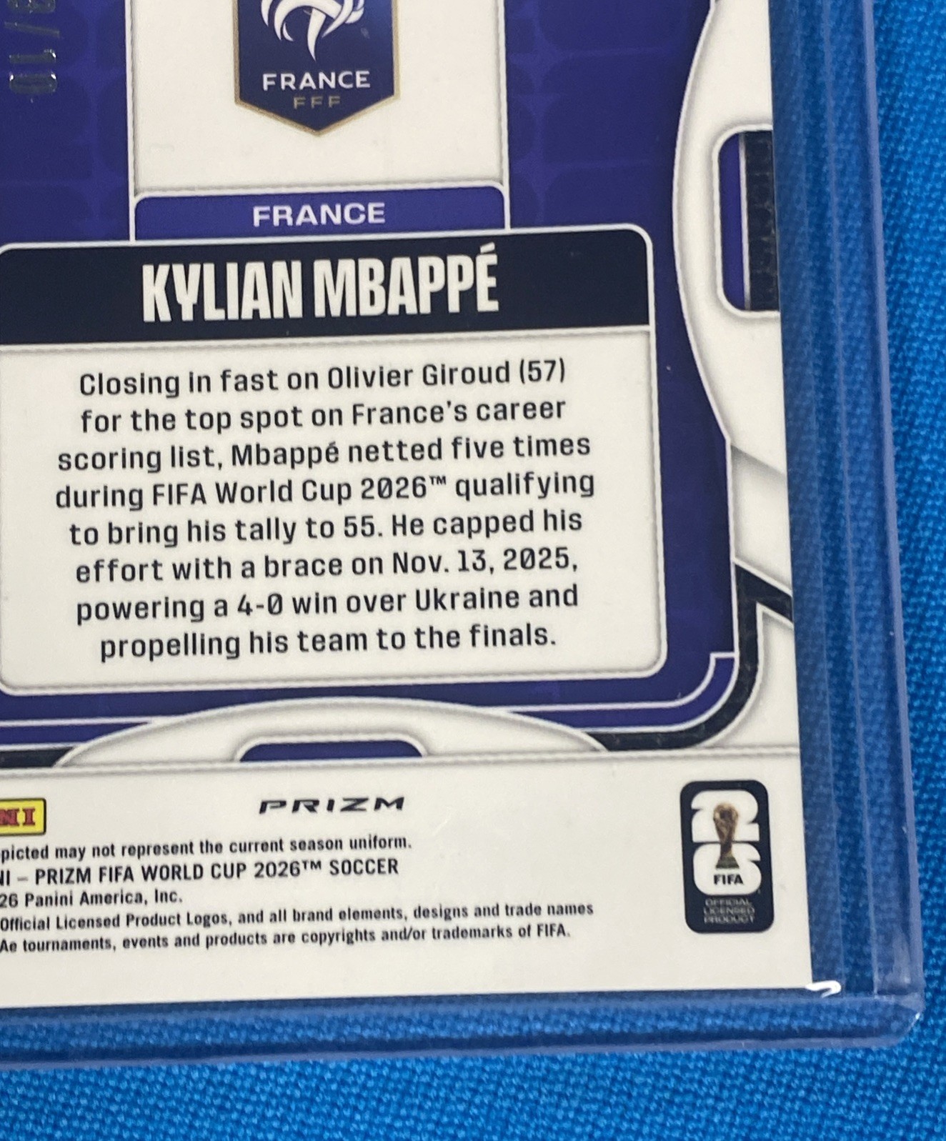 2026 FIFA Prizm #40 Kylian Mbappe 03/10 Gold Prizm Minor Indention On The Back view 10