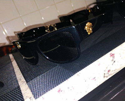 Versace Men s Full Rim Square Sunglasses Black Plastic Frame Tinted Lenses